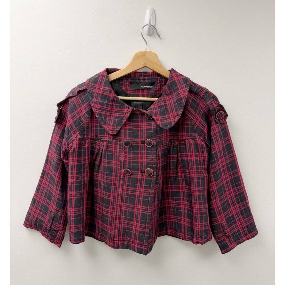 Aquarius plaid jacket red black checkered silk cropped double-breasted XS/S